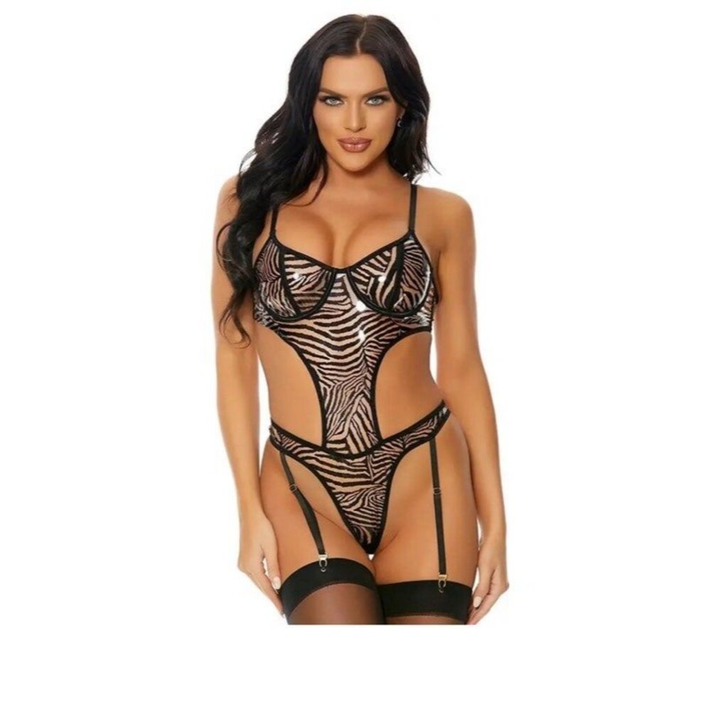 Clear Vinyl Zebra Print Garter Teddy Underwire Cut Out Sides Thong Back
